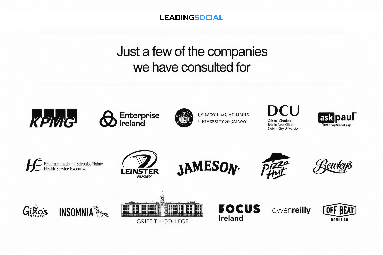 KPMG, Enterprise Ireland, University of Galway, DCU, HSE, Leinster Rugby, Jameson, Pizza Hut, Bewley's, Gino's, Insomnia, Griffith College, Focus Ireland and more